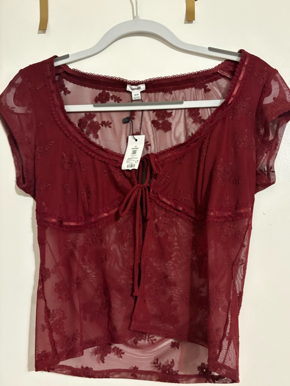 Garage Burgundy Floral Lace Tie-Front Top